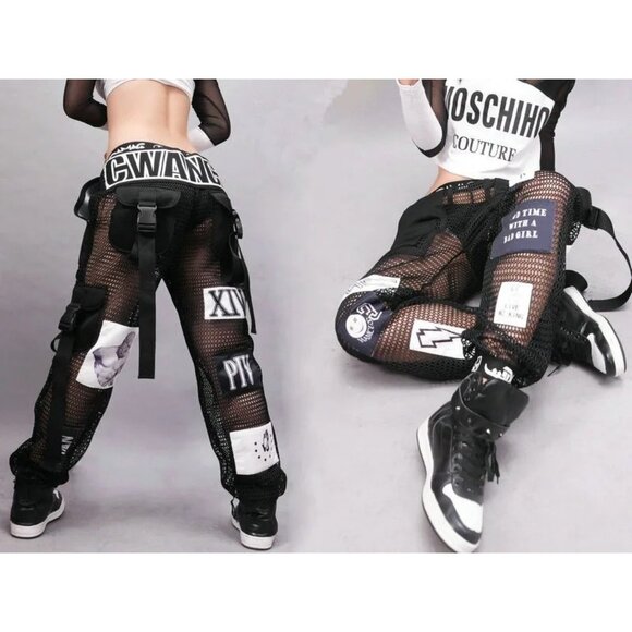 Black Mesh Streetwear Hip Hop Patchwork Cargo Pants w/ Buckle Detail Unisex Sz M - Picture 2 of 12